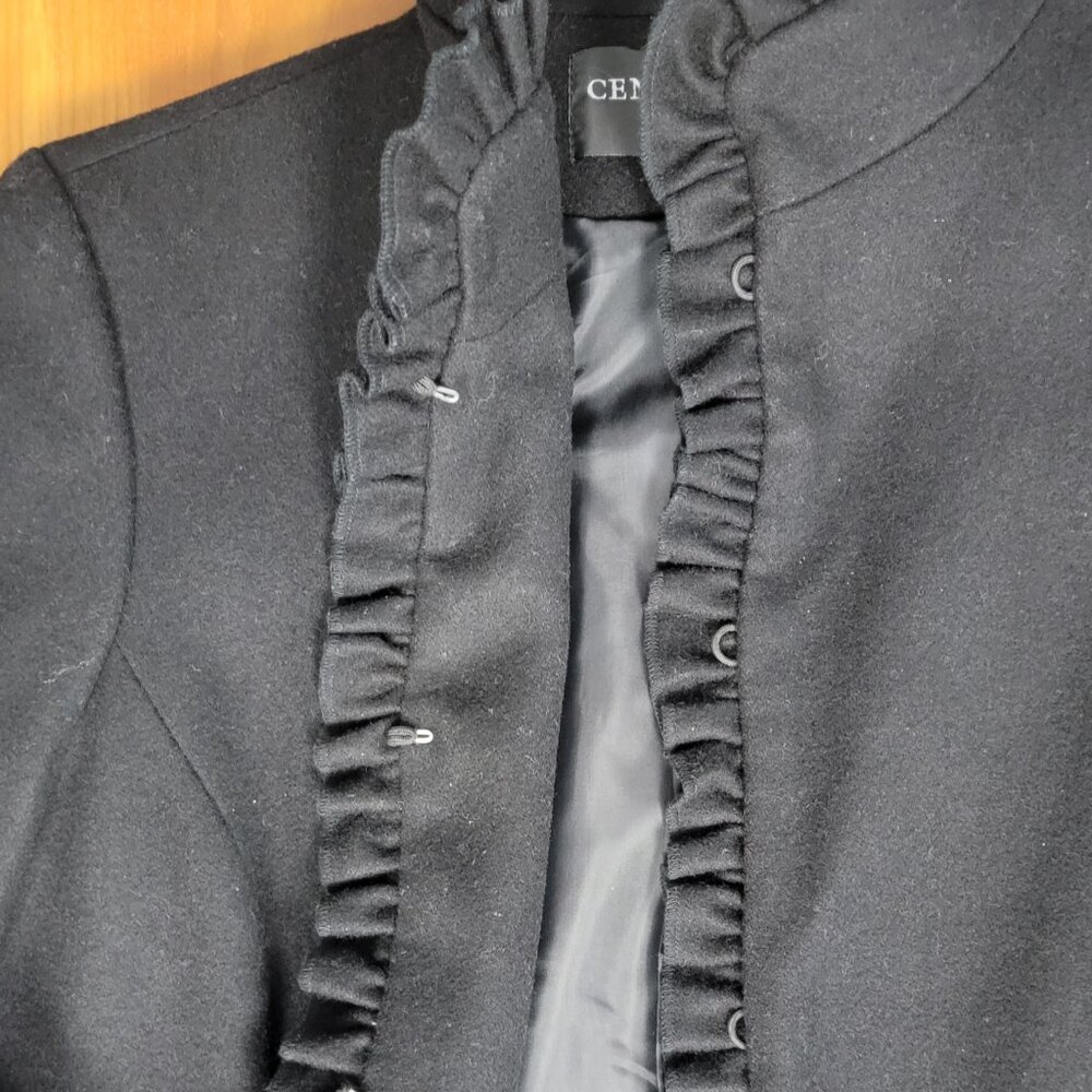 Women's Centigrade Stylish Black Wool Blend Ruffle Overcoat - XS - Picture 6 of 14